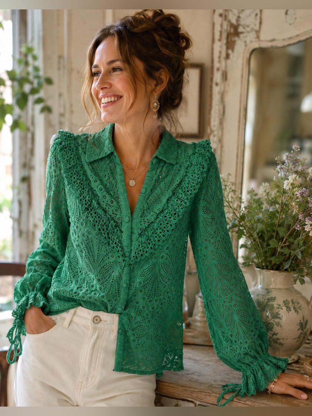 New Allison New York Green Eyelet Ruffled Button Front Women Blouse Sz S Boho